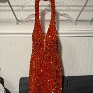Elegant Orange Sequin Halter Dress